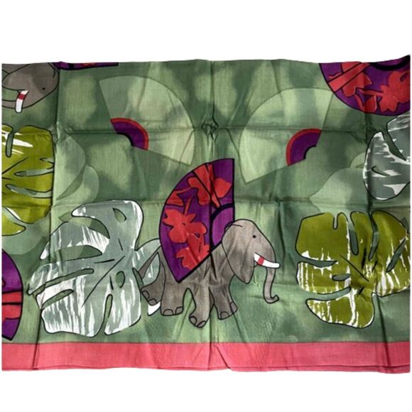Oriental Gifts Bangkok Elephant Square Scarf Green Pink Lightweight Spring - Picture 2 of 3